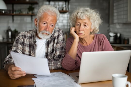Older Couple Looking At Papers. Elderly Spouses Review Financial Documents With Concern In Kitchen Setting - Powered by Adobe