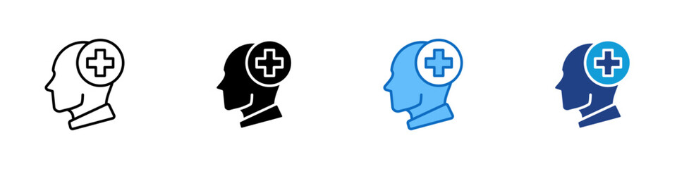 Mental Health Multiple Style Icon Design Vector - human head with a medical cross, symbolizing psychological care, therapy, and emotional well-being