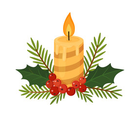 Christmas candle with pine branches, red berries, and holly. Flat vector illustration. Perfect for holiday cards, winter decor, invitations, and festive design projects. Vector illustration