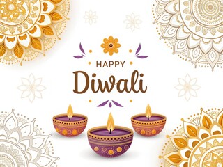 Happy Diwali greeting with three purple diyas and golden mandala patterns, elegant festive design, concept for cultural celebration or holiday card.
