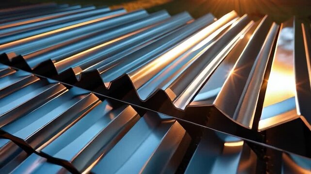 Metallic Texture: A close-up showcases a series of corrugated metal sheets, their textured surfaces reflecting light and shadows