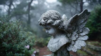 Naklejka premium Weathered stone angel statue in misty forest setting, All Saints' Day