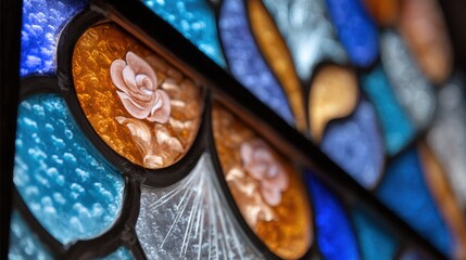 Colorful stained glass window with floral design and geometric patterns, Feast of the Immaculate Conception