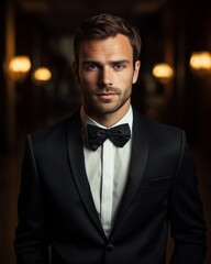 Stylish man in black suit with silk bow tie and white pocket square for formal events