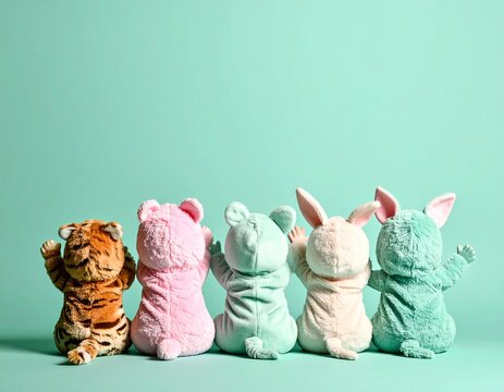 colorful plush costumes sitting back view
カラフルなぬいぐるみの着ぐるみを着て座る5人