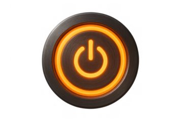 Glowing orange power button symbol on a dark metallic surface, indicating start, stop, or standby function
