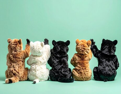 animal plush costumes waving on mint background
ミントグリーンの背景で動物の着ぐるみ手を振る