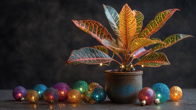 Vibrant croton plant with colorful christmas ornaments on dark background