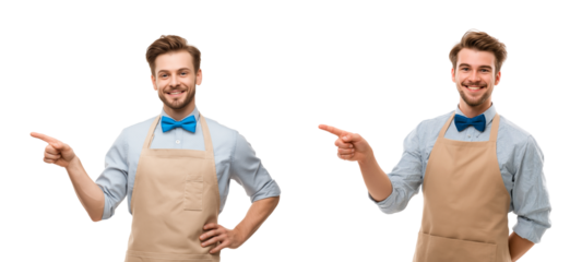Smiling Barista or Retail Worker in Apron Pointing and Presenting Card isolated on a transparent background