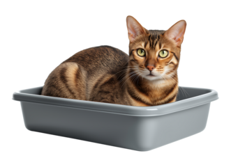 Majestic Bengal Cat Looking Up From Litter Tray isolated on a transparent background