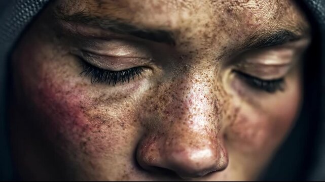 Dramatic Close Up of a Hooded Person with an Intense Gaze.