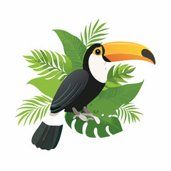 Naklejka premium Stylized toucan illustration amidst lush tropical foliage showcasing vibrant wildlife aesthetics
