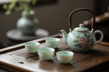 Chinese traditional porcelain tea set on wooden table, cultural heritage, delicate cups and teapot, 