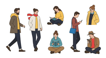 Collection of modern young adult characters engaged in everyday lifestyle activities like reading and using phones. Flat vector illustration set isolated on white