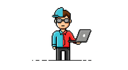 Pixel art character with a laptop, representing a coder or programmer