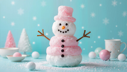 Marshmallow snowman in pastel pink winter fantasy scene