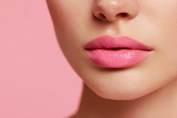 Fototapeta premium sensual pink lips of woman on pink background, closeup
