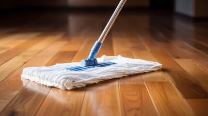 Efficient household maintenance  cleaning parquet floors with mop and foam cleanser solutions