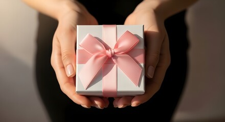 Close-up of hands holding a small white gift box tied with a pink ribbon, symbolizing love, kindness, and giving in a soft and elegant style.