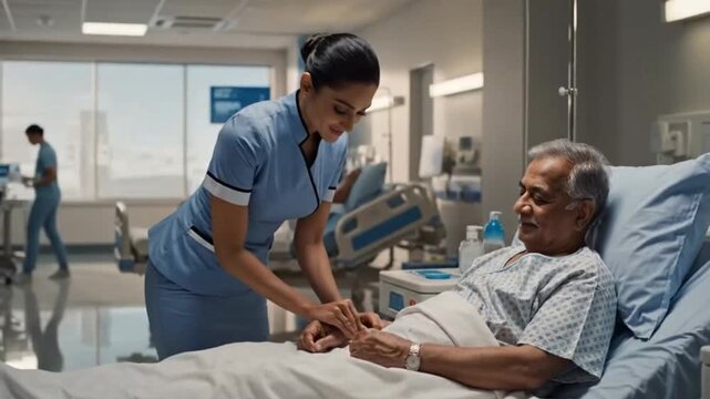 Caring Indian Nurse Comforting and Talking to Patient in Hospital