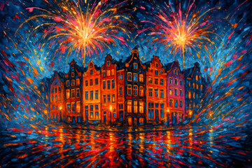 Dutch Canal Houses with Fireworks in Digital Splash Art Style