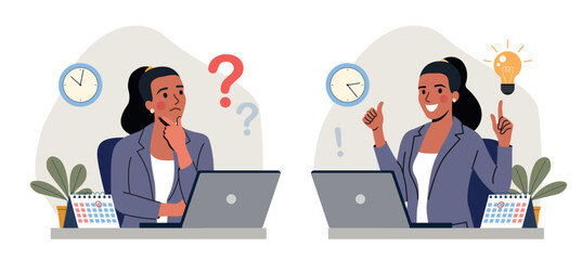 Young woman with beard  before the laptop with question mark in think bubble and  finding new idea. Shiny light bulb. Flat style cartoon vector illustration.