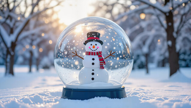 Snowman inside glass snow globe on snowy street