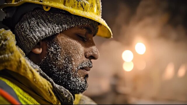 Industrial Worker with a Frosted Beard Breathing in Extreme Cold Weather at Night.