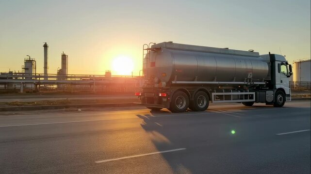Tanker truck driving past oil refinery at sunset, industrial transportation of fuel and petroleum footage