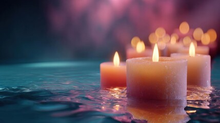 Group of lit candles floating on a body of water. the candles are of different colors - one is orange, one is pink, and one is white.