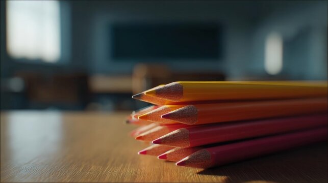 Group of colored pencils arranged in a pyramid-like shape on a wooden surface. the pencils are of different colors - yellow, orange, red, and pink.