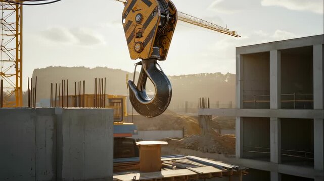 Crane hook descending at a construction site with concrete structures against a bright sky, industrial development time-lapse video