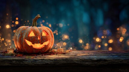 Joyful pumpkin lantern casting a warm light over haunted wooden