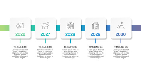 Corporate Development Roadmap Template with 5 Steps and Yearly Goals. Presentation, Timeline and Milestone. Vector illustration.