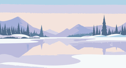 Here's a stock photo description based on your requirements:

Winter Landscape Illustration with Mountains and Frozen Lake