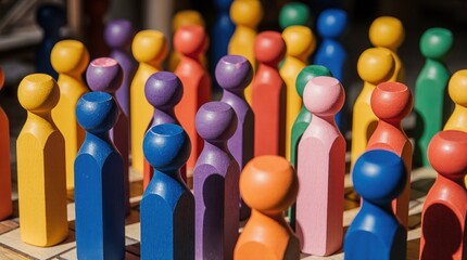 A diverse group of colorful wooden figurines standing together