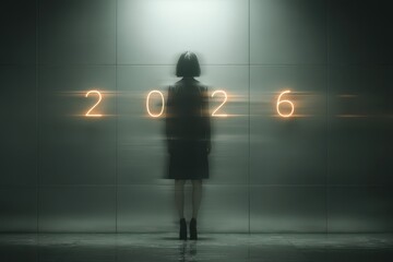 Mysterious figure looking at the glowing year 2026, contemplating the future ahead