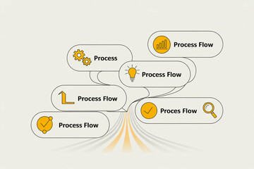 Diagram illustrating process flow with icons representing steps like gears lightbulb charts and magnifying glass for business presentations and workflows