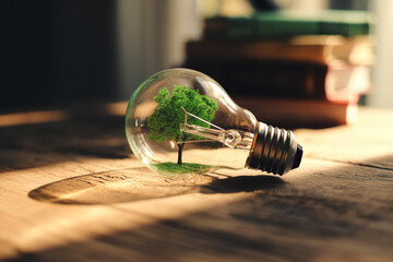 Lightbulb with a tree inside symbolizes green energy and environmental conservation on a wooden surface with books in the background