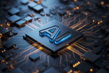 Artificial intelligence concept showcases a glowing ai logo on a modern computer chip with intricate circuit patterns for technology innovation