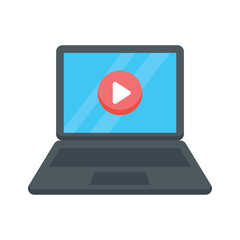 Laptop with play button symbolizing video conference, learning, or digital marketing.