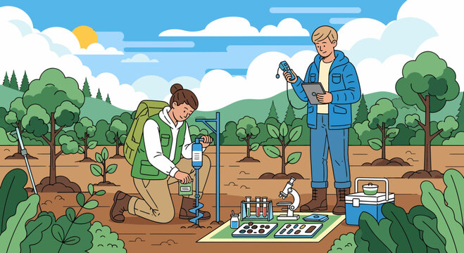 Environmental Scientists Analyzing Soil Composition And Tree Sapling Health