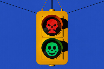 Yellow traffic light with skull icons against a blue background symbolizing danger and safety with red and green lights for a unique concept