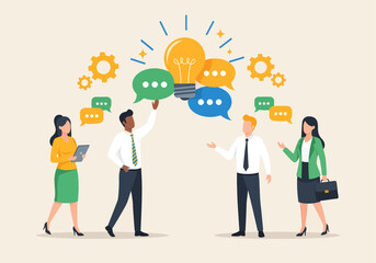 A diverse team collaborates to brainstorm ideas, with speech bubbles and gears surrounding a central lightbulb, symbolizing innovation and shared knowledge.