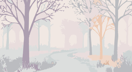 Illustrative Winter Wonderland: Tranquil Forest Path in Pastel Hues