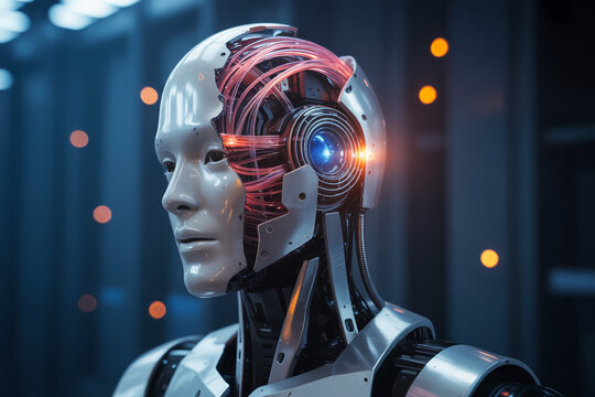 Futuristic humanoid robot with intricate internal wiring and advanced optical sensor technology showcases artificial intelligence and robotic engineering - Powered by Adobe