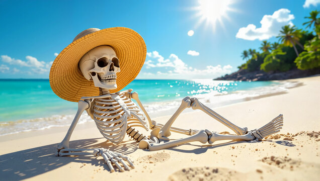 Skeleton wearing hat relaxing on sunny tropical beach