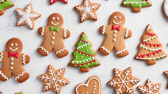 Decorated gingerbread cookies in various festive shapes including snowflakes, trees, and gingerbread men with colorful icing. Christmas treat arrangement. Fun and sweet.