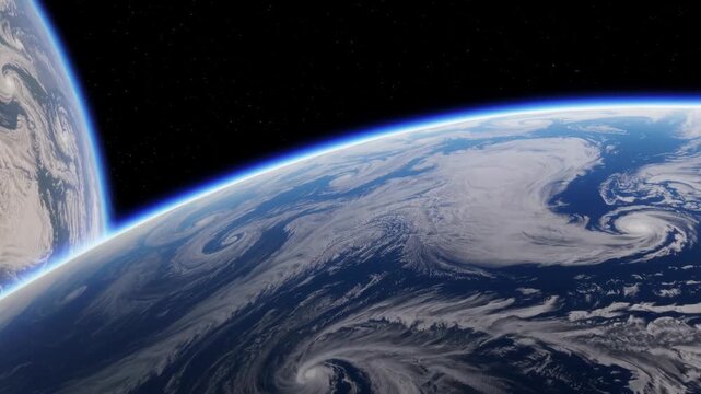 A stunning video still of Earth from space, showcasing swirling clouds over the ocean. Captured from a high-angle, cosmic perspective. Live desktop wallpaper.