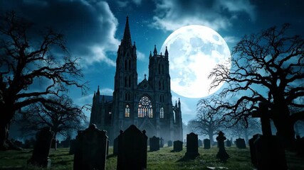 Spooky Full Moon Over Haunted Gothic Church and Graveyard at Night. - Powered by Adobe